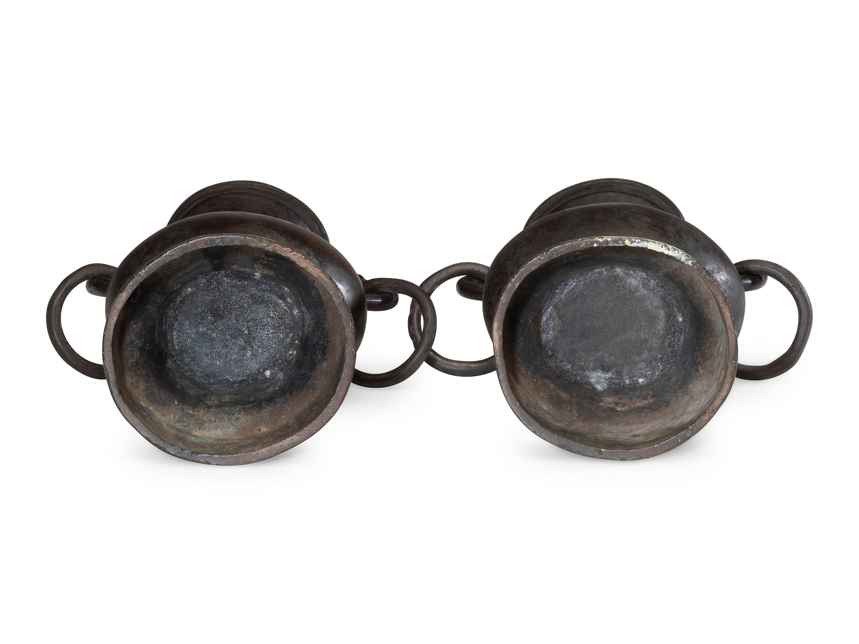 A Pair of Chinese Ming Style Bronze 'Mythical Beast' Handled Vases
