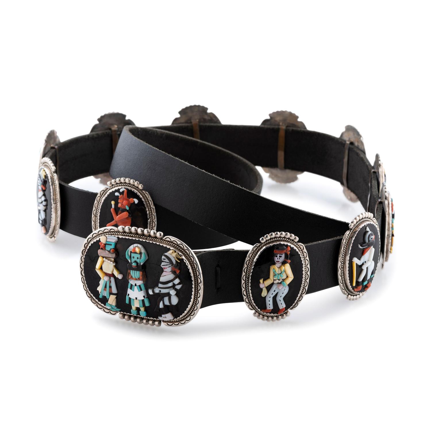 Silver and Mosaic Inlay Concha Belt, with Katsinas and Dancers