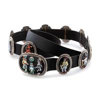 Silver and Mosaic Inlay Concha Belt, with Katsinas and Dancers