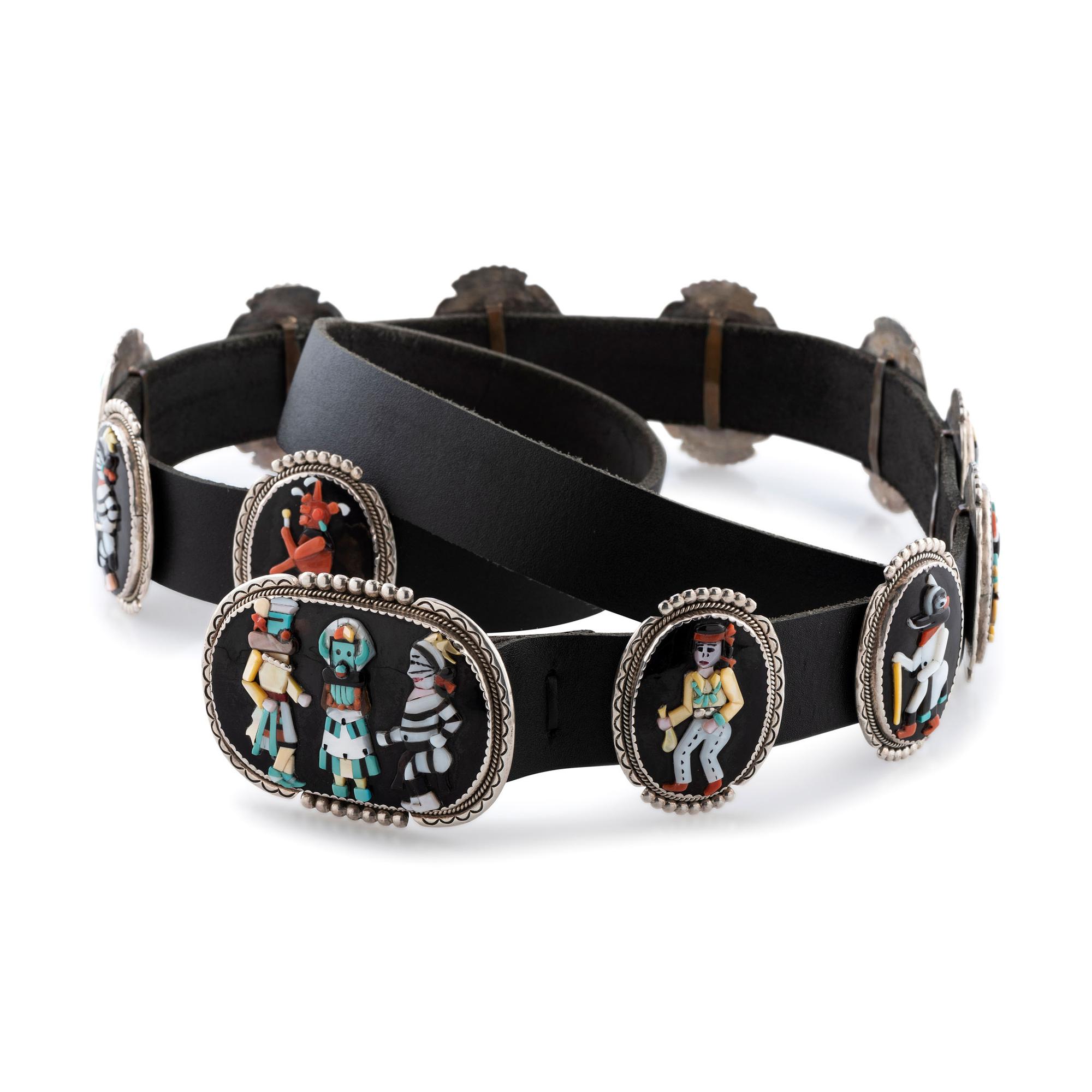 Silver and Mosaic Inlay Concha Belt, with Katsinas and Dancers