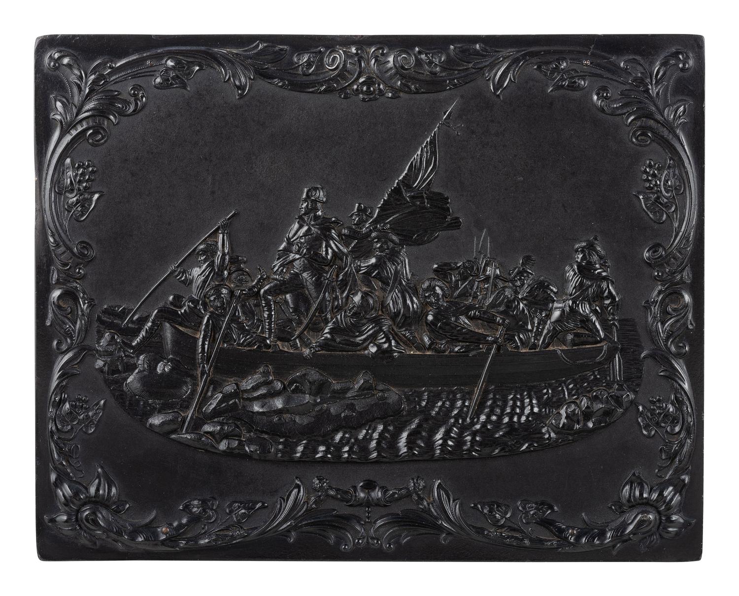 [EARLY PHOTOGRAPHY]. Washington Crossing the Delaware . Whole plate Union case containing tintype.