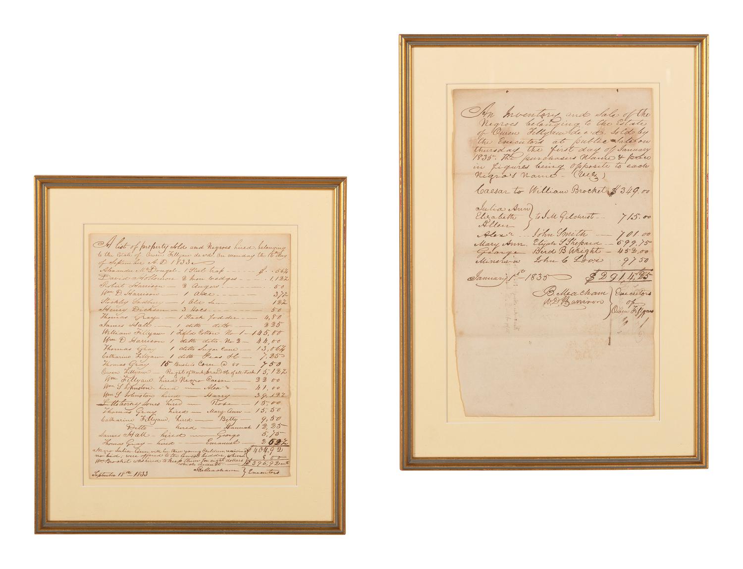 [SLAVERY & ABOLITION]. A pair of manuscript documents, featuring the names of 13 enslaved individuals, related to the estate of enslaver Owen Fillyaw,. [Gadsden, FL], 1830s.