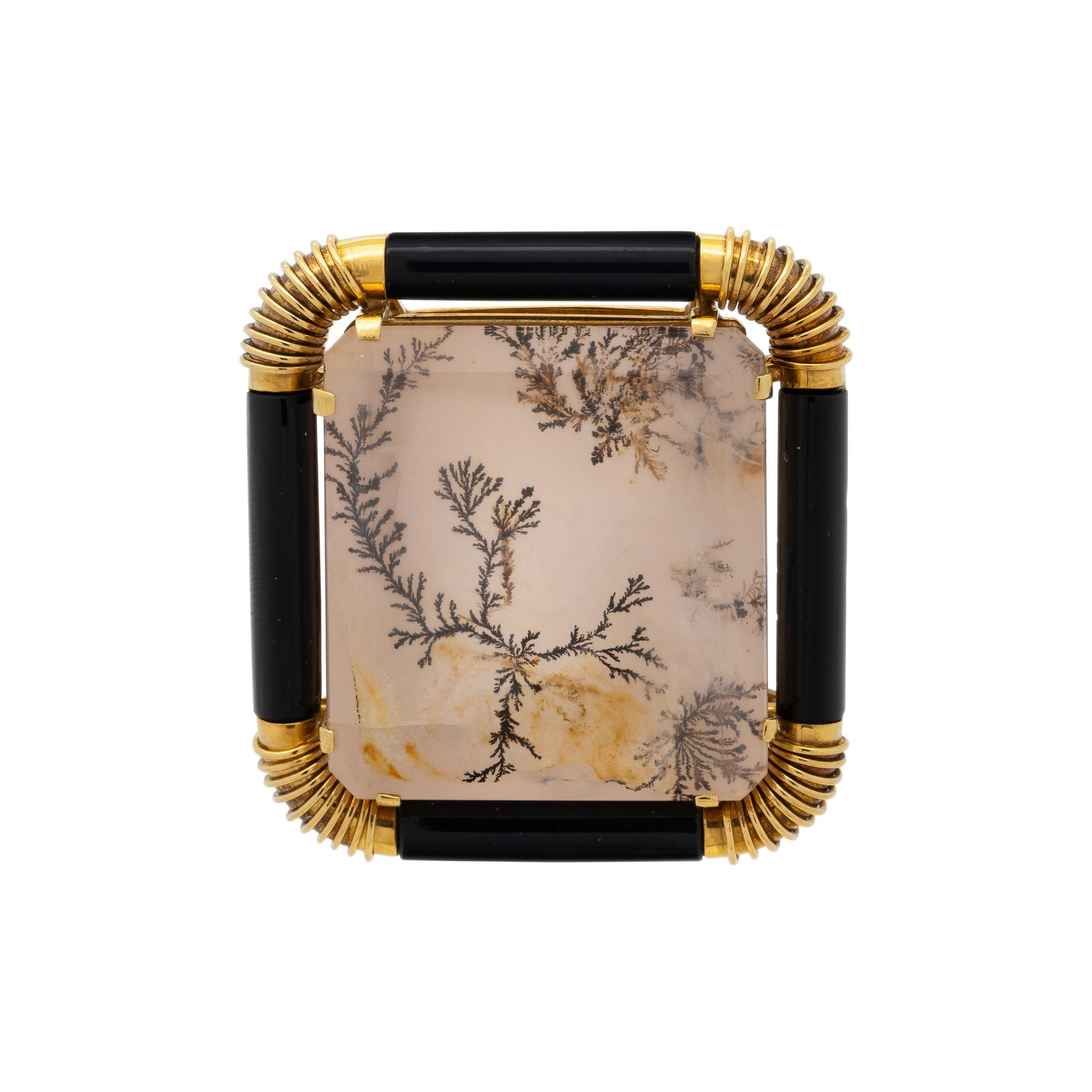 DENDRITIC QUARTZ AND ONYX BROOCH