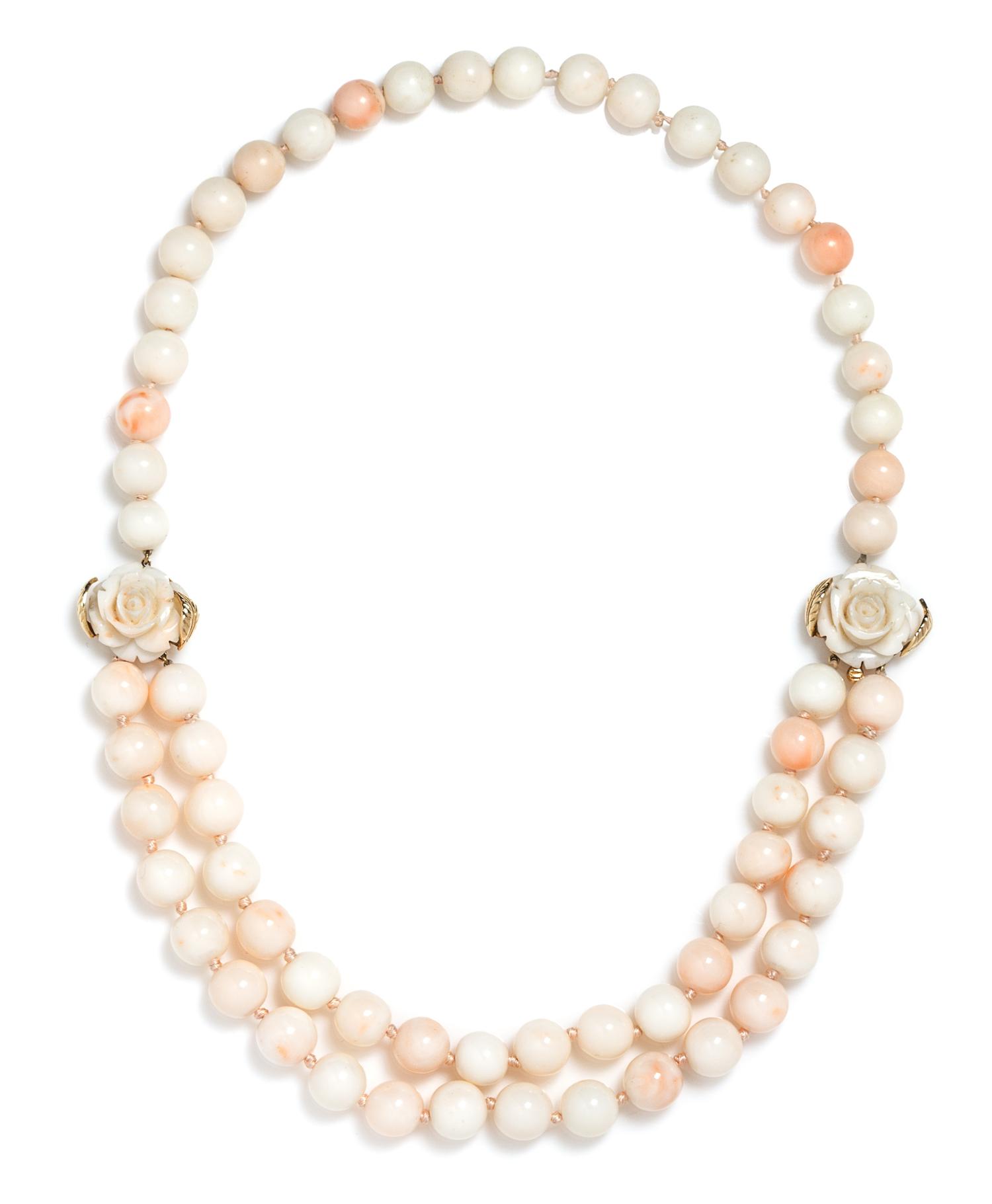 A 14 Karat Yellow Gold and Angel Skin Coral Bead Swag Necklace, 76.10 dwts.