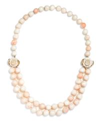 A 14 Karat Yellow Gold and Angel Skin Coral Bead Swag Necklace, 76.10 dwts.