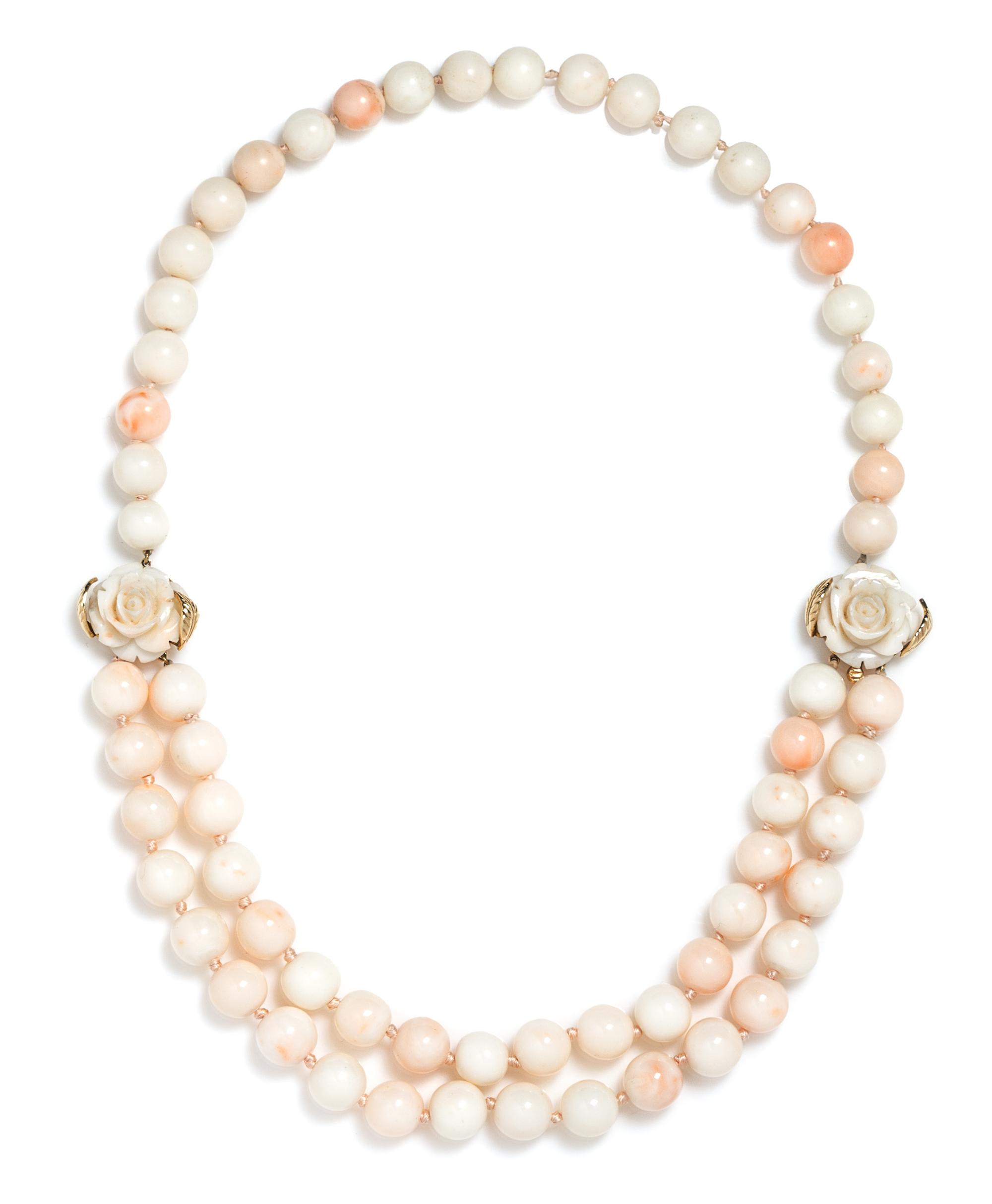 A 14 Karat Yellow Gold and Angel Skin Coral Bead Swag Necklace, 76.10 dwts.