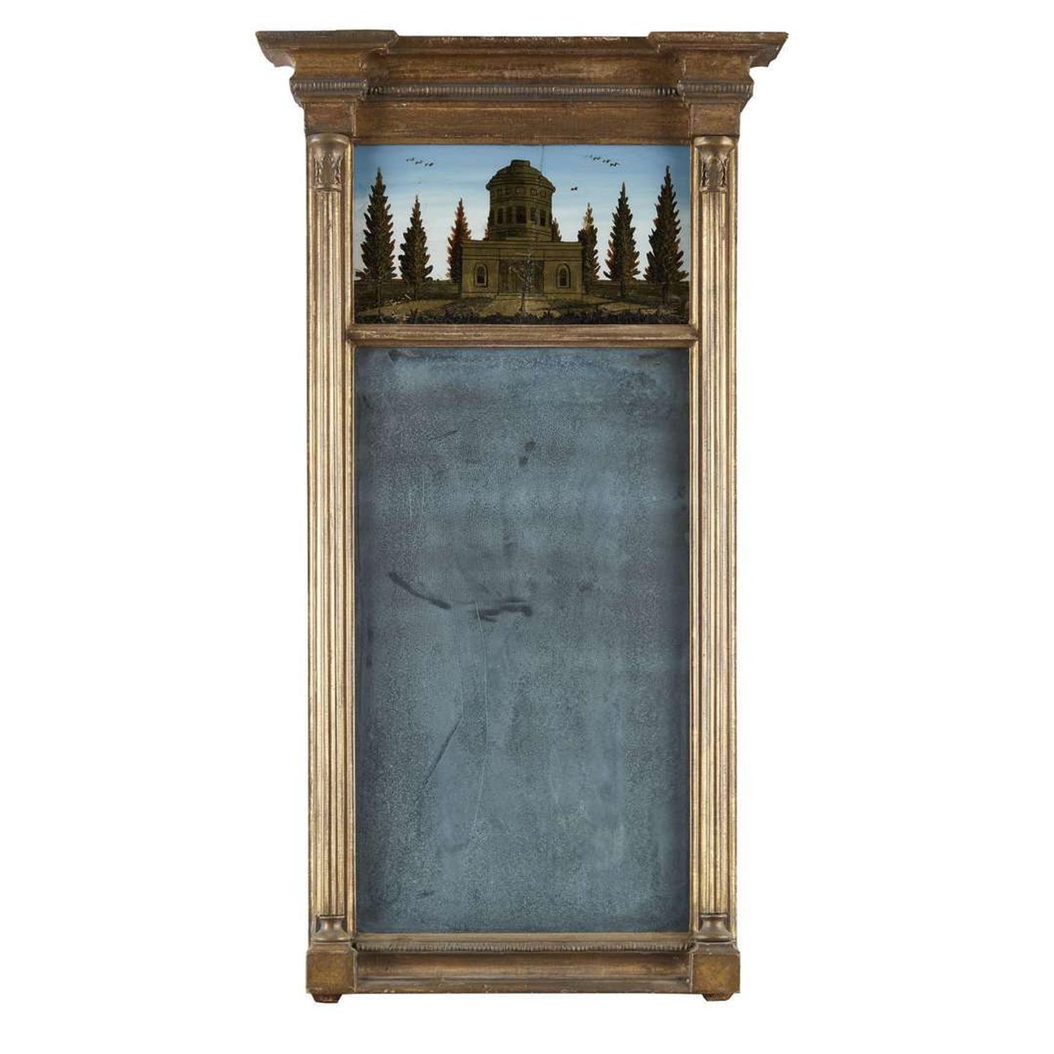 Federal giltwood looking glass with an églomisé panel depicting Benjamin Latrobe's Pump House in Center Square Probably Philadelphia, PA, circa 1815