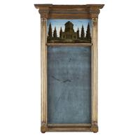 Federal giltwood looking glass with an églomisé panel depicting Benjamin Latrobe's Pump House in Center Square Probably Philadelphia, PA, circa 1815