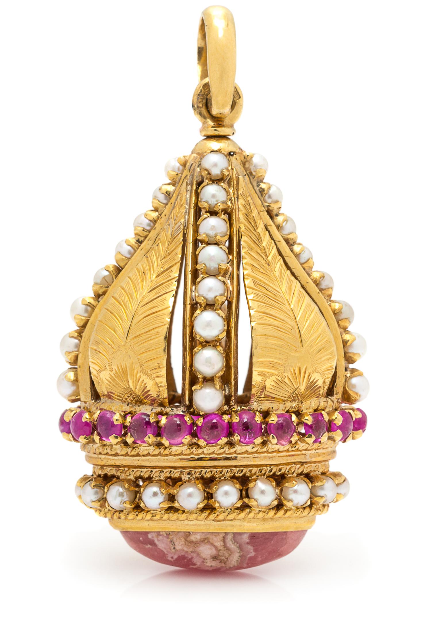 An 18 Karat Yellow Gold, Rhodochrosite, Ruby and Seed Pearl Pendant, 13.80 dwts.