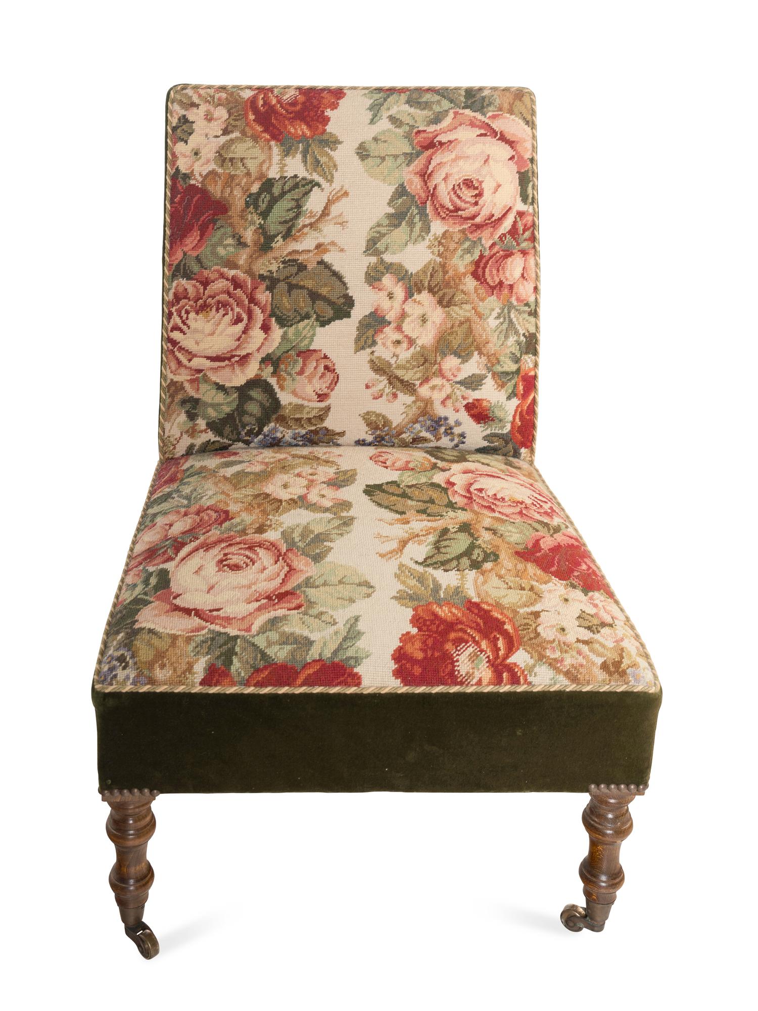 A Pair of Victorian Oak Slipper Chairs with Needlepoint Seats