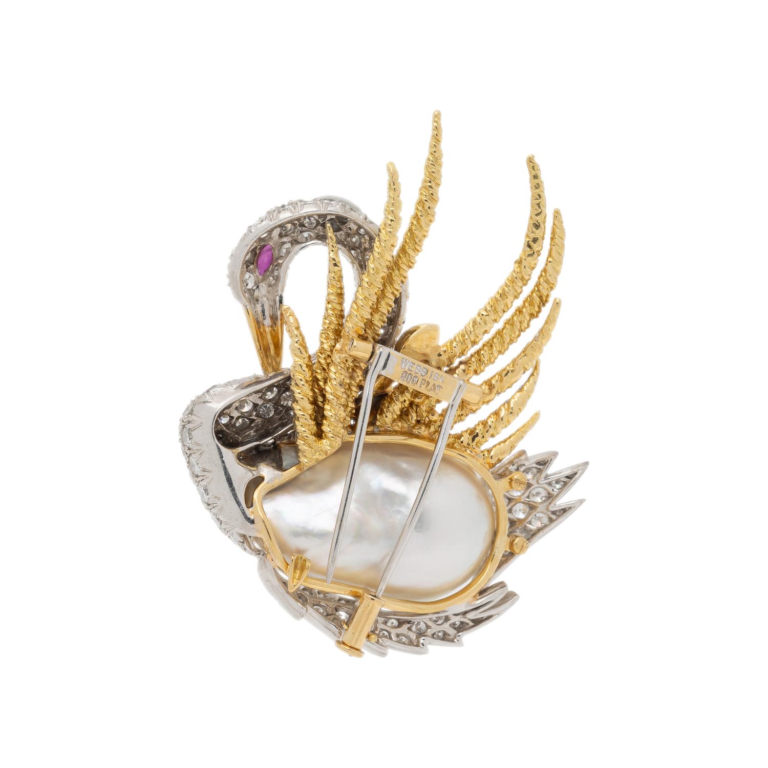 DAVID WEBB, BAROQUE CULTURED PEARL AND DIAMOND SWAN BROOCH