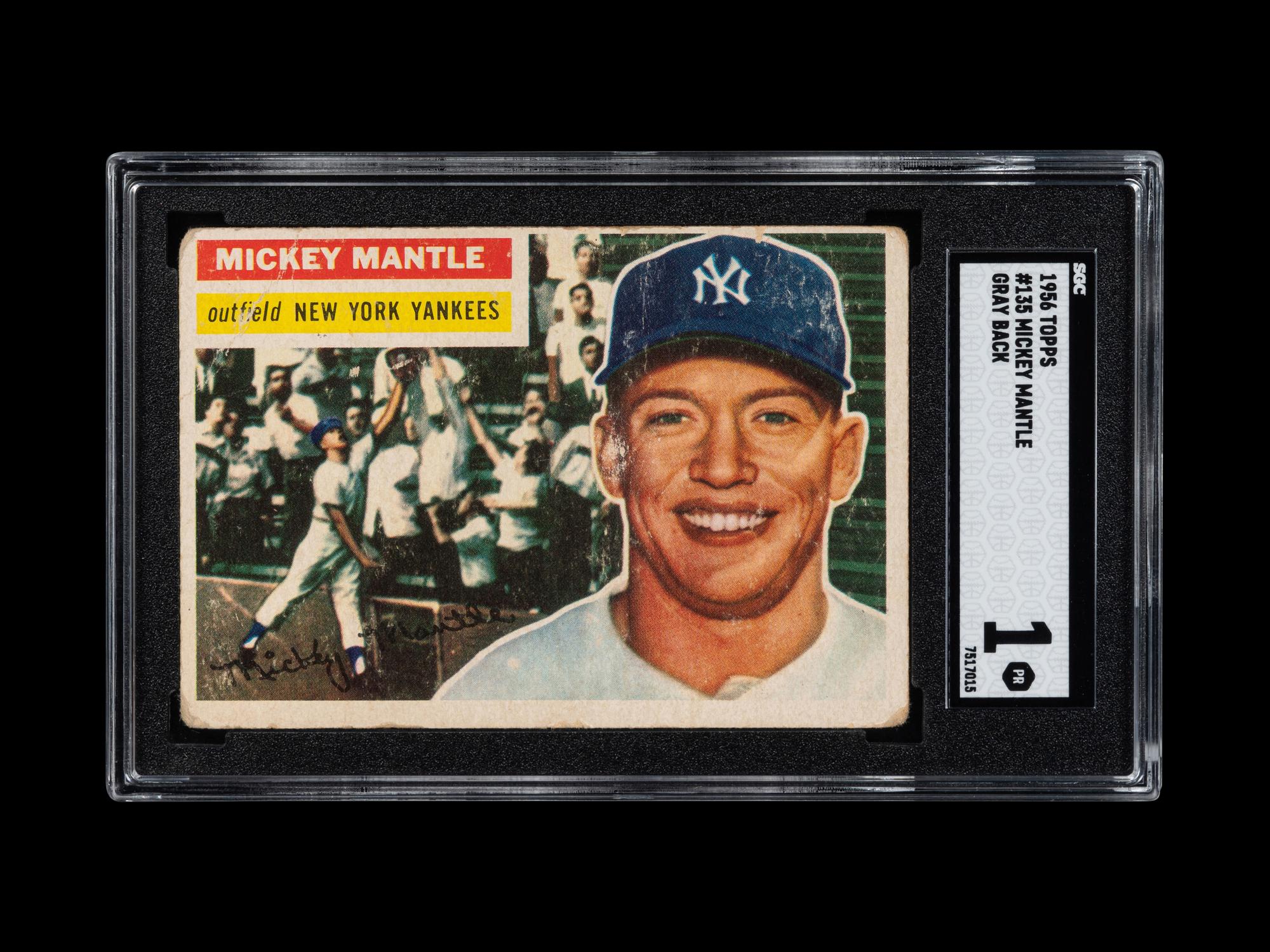 A 1956 Topps Mickey Mantle Baseball Card No. 1 Gray Back (SGC 1)