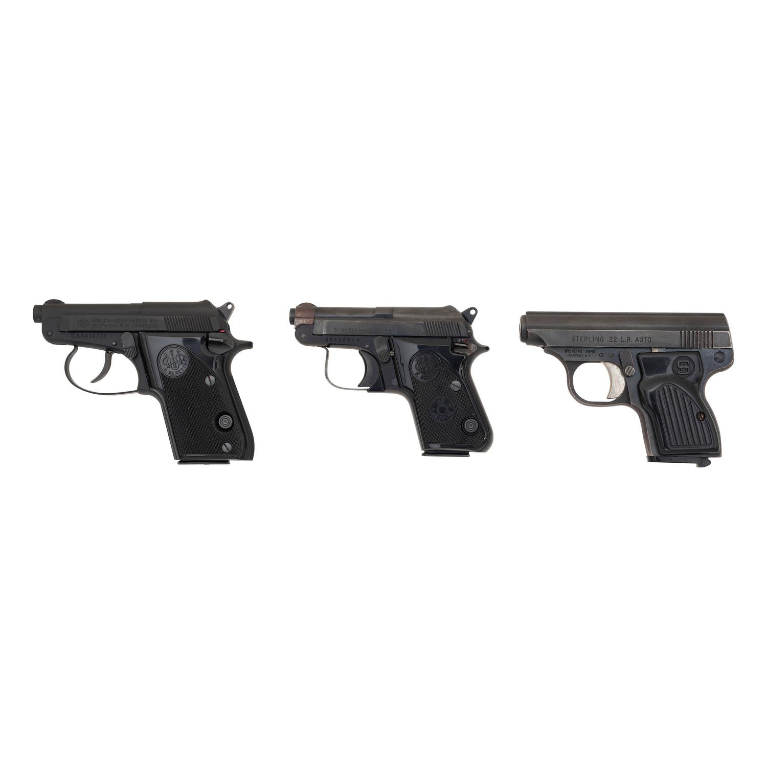 * Lot of 3 Semi-Auto Pocket Pistols: Beretta Model 21A in Box with Accessories, Beretta Model 950BS, and Sterling Model 302