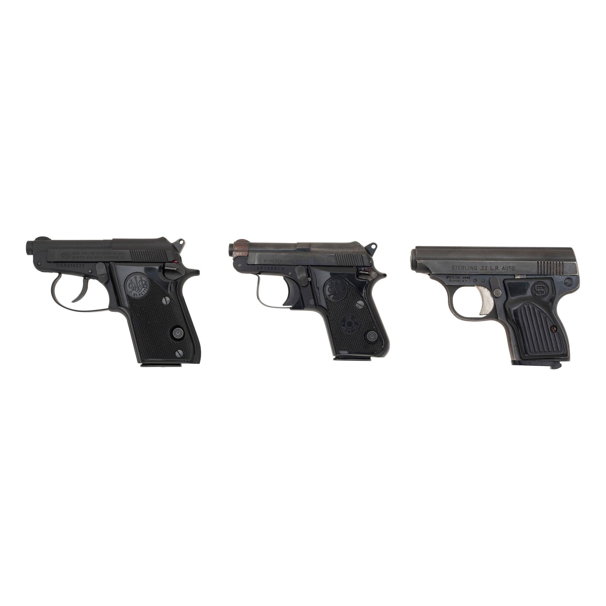 * Lot of 3 Semi-Auto Pocket Pistols: Beretta Model 21A in Box with Accessories, Beretta Model 950BS, and Sterling Model 302