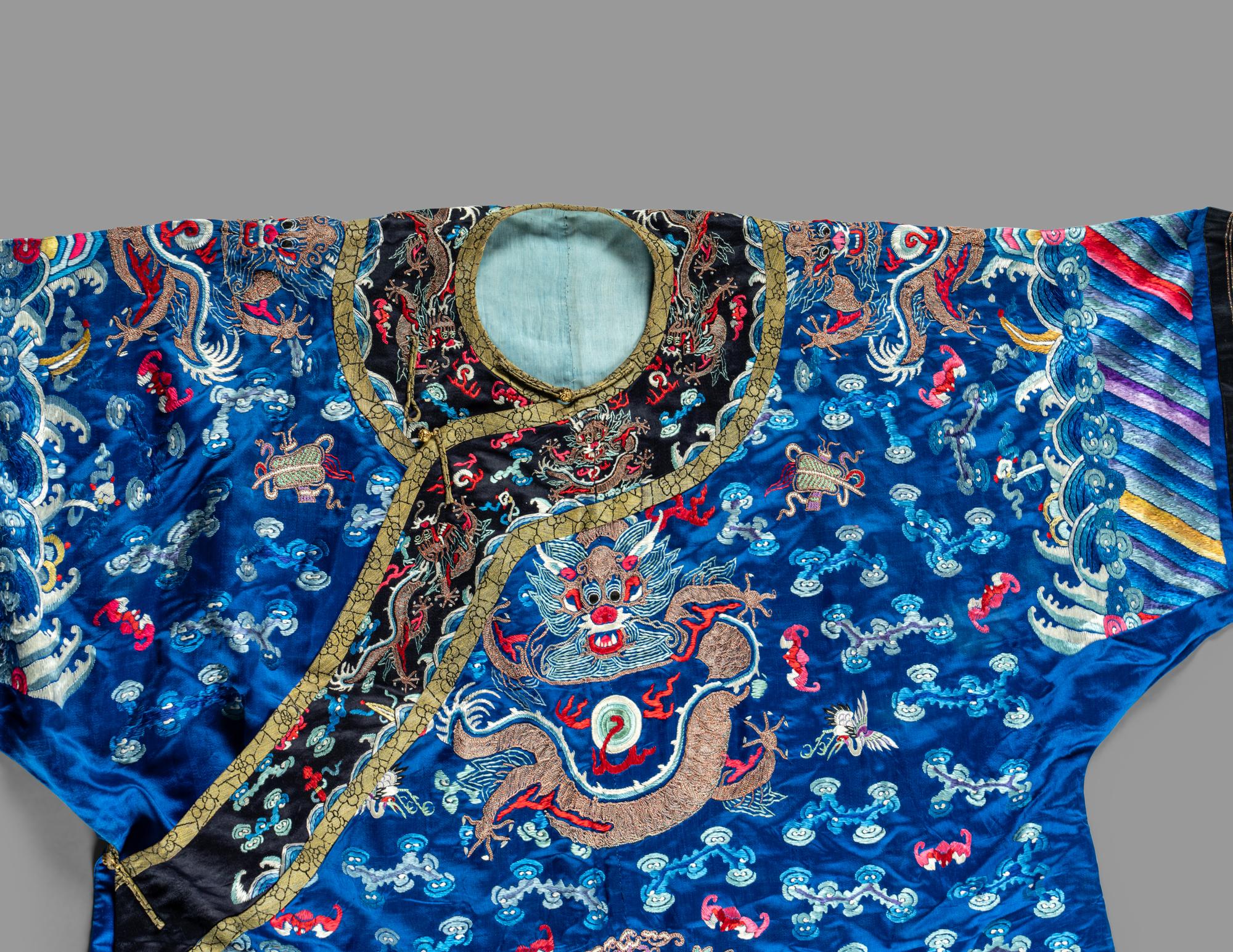 A Chinese Blue Ground Silk Embroidered 'Dragon' Robe