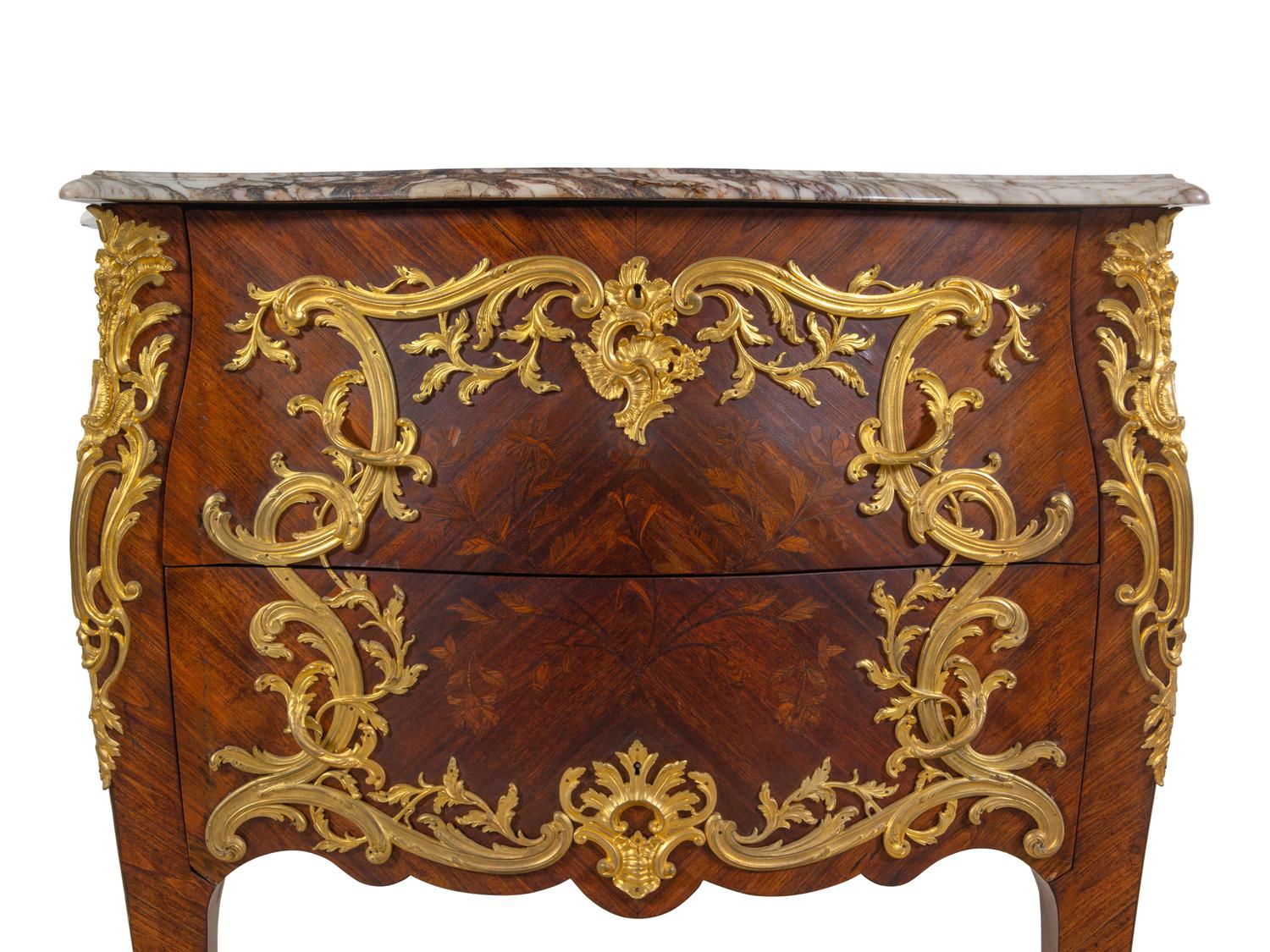 A Louis XV Style Gilt Bronze Mounted Marquetry Marble-Top Bombe Commode