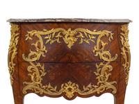 A Louis XV Style Gilt Bronze Mounted Marquetry Marble-Top Bombe Commode