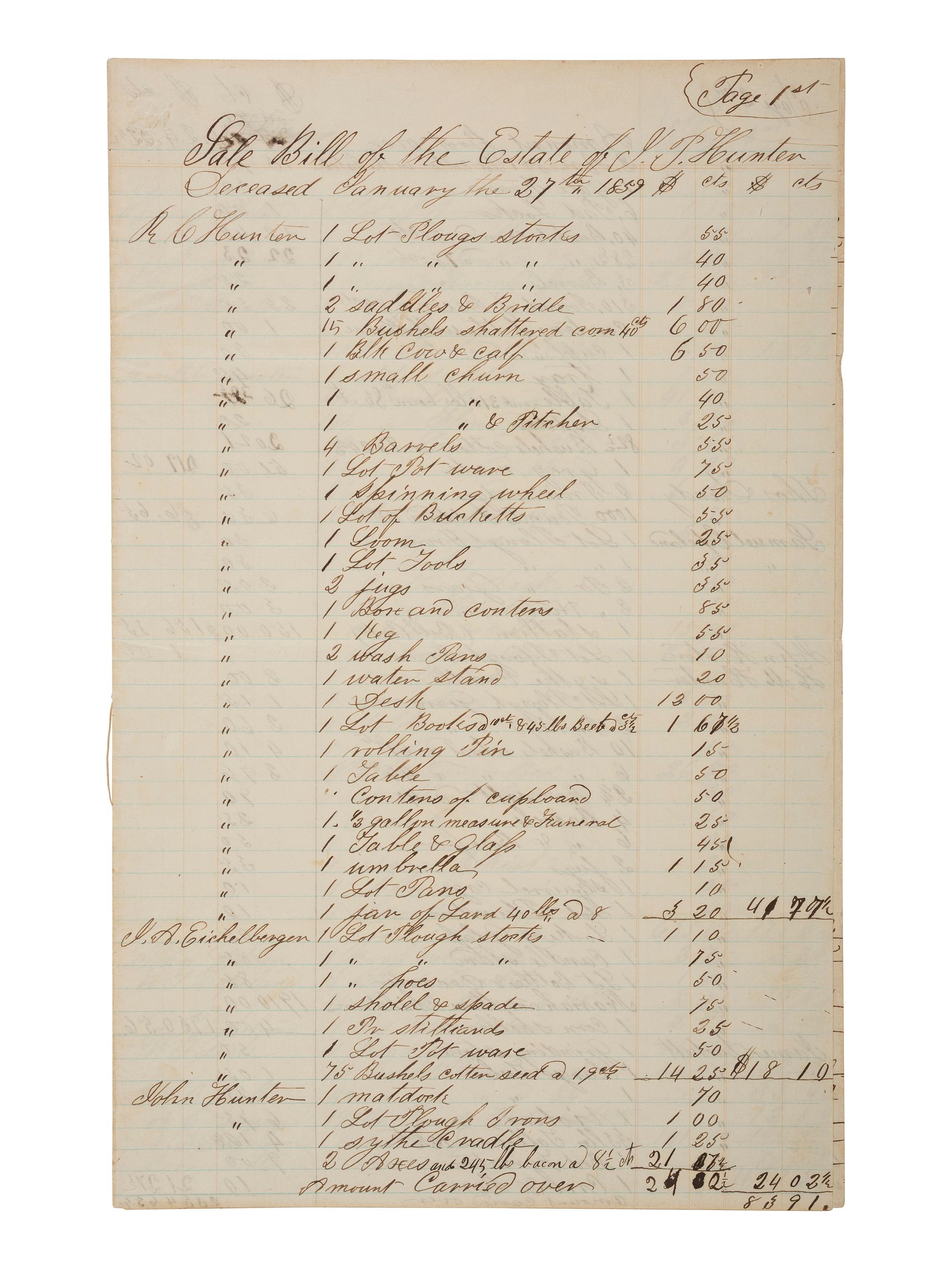 [ENSLAVEMENT & ABOLITION]. Manuscript inventory of personal property and enslaved individuals from the Estate of J.P. Hunter. N.p., possibly Alabama, 1859.