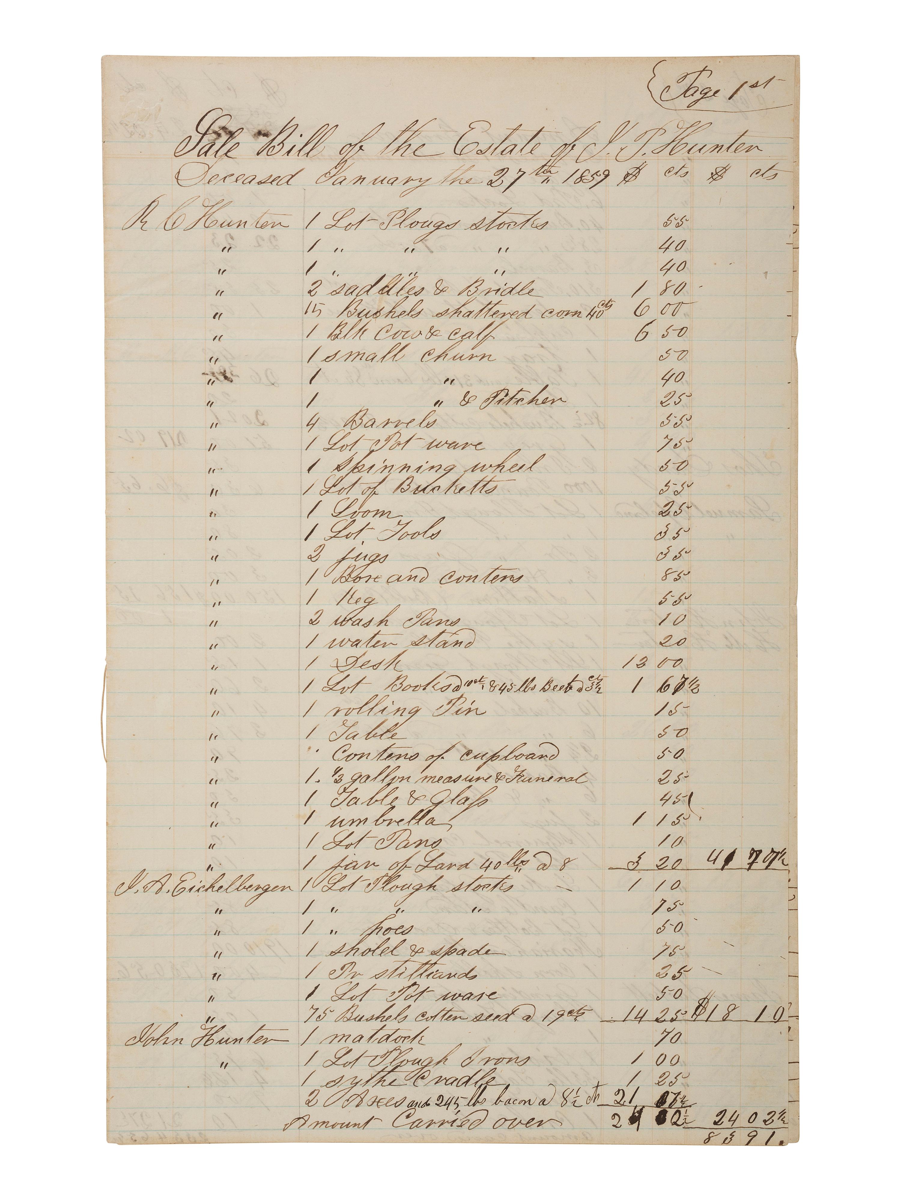 [ENSLAVEMENT & ABOLITION]. Manuscript inventory of personal property and enslaved individuals from the Estate of J.P. Hunter. N.p., possibly Alabama, 1859.