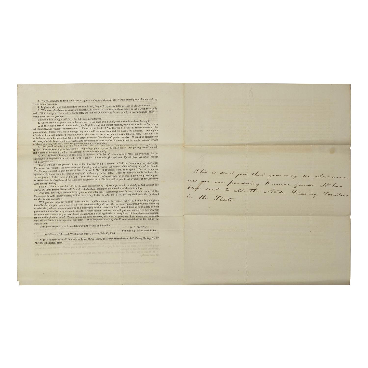[African-Americana] (Bacon, Benjamin C.) Massachusetts Anti-Slavery Society Printed Circular
