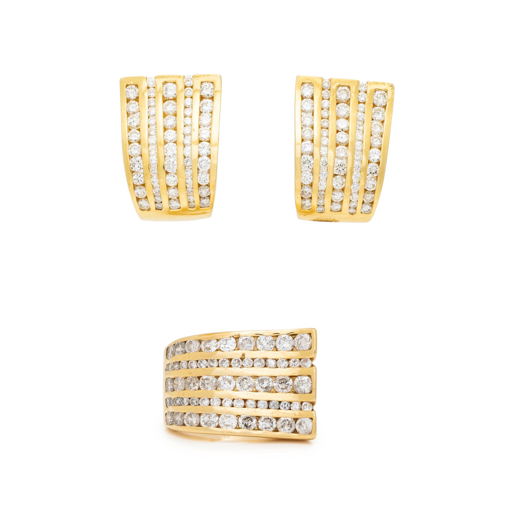 YELLOW GOLD AND DIAMOND RING AND EARRINGS