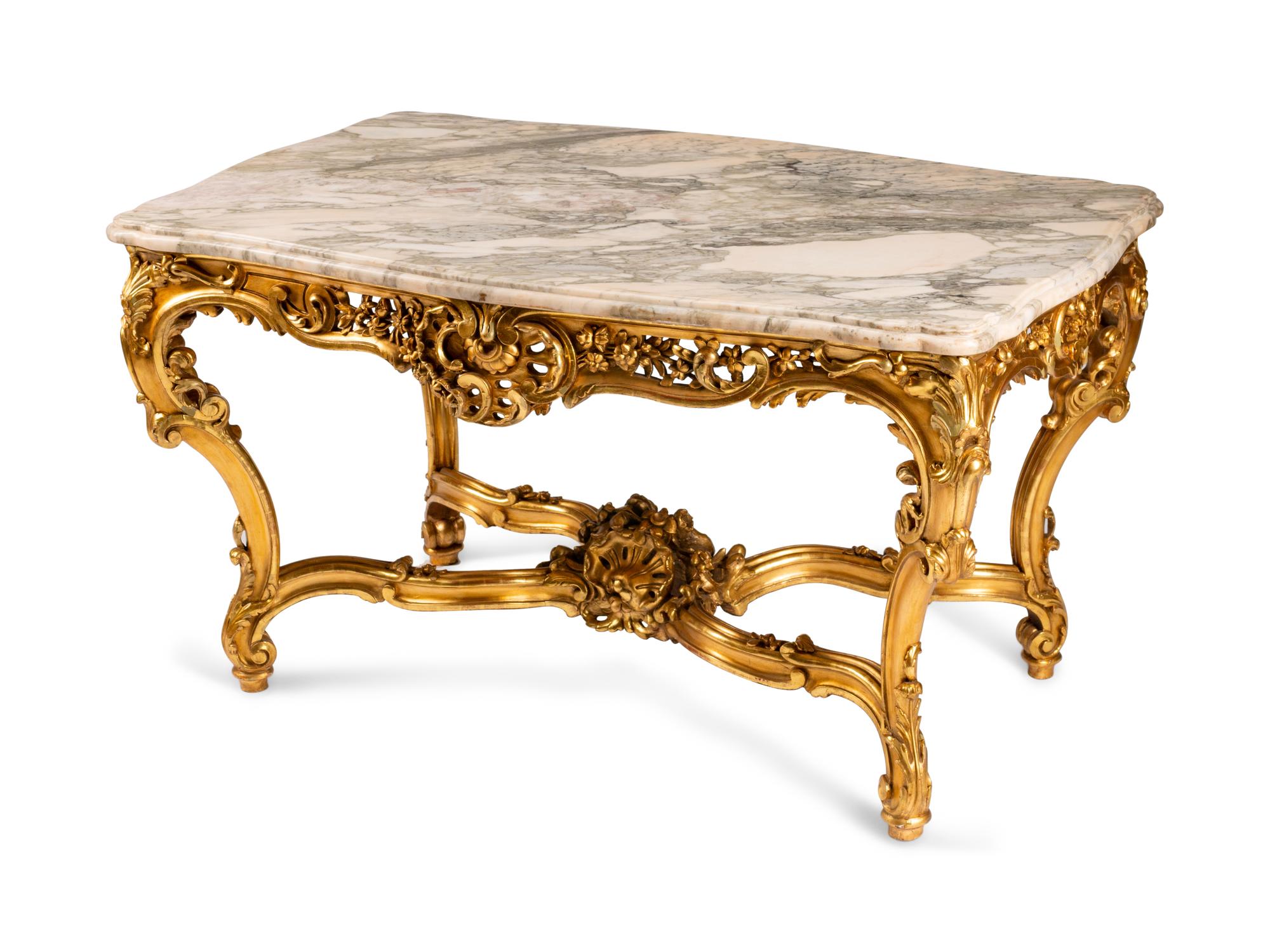 A Louis XV Style Pierce-Carved Giltwood Salon Table