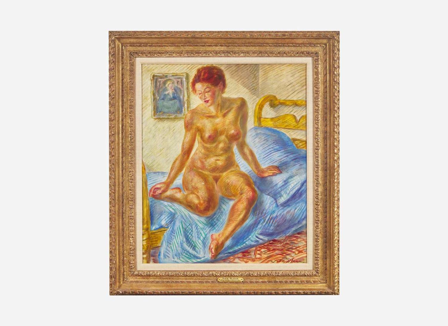 John French Sloan (American, 1871–1951) - Nude on Blue Covered Bed