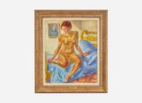 John French Sloan (American, 1871–1951) - Nude on Blue Covered Bed