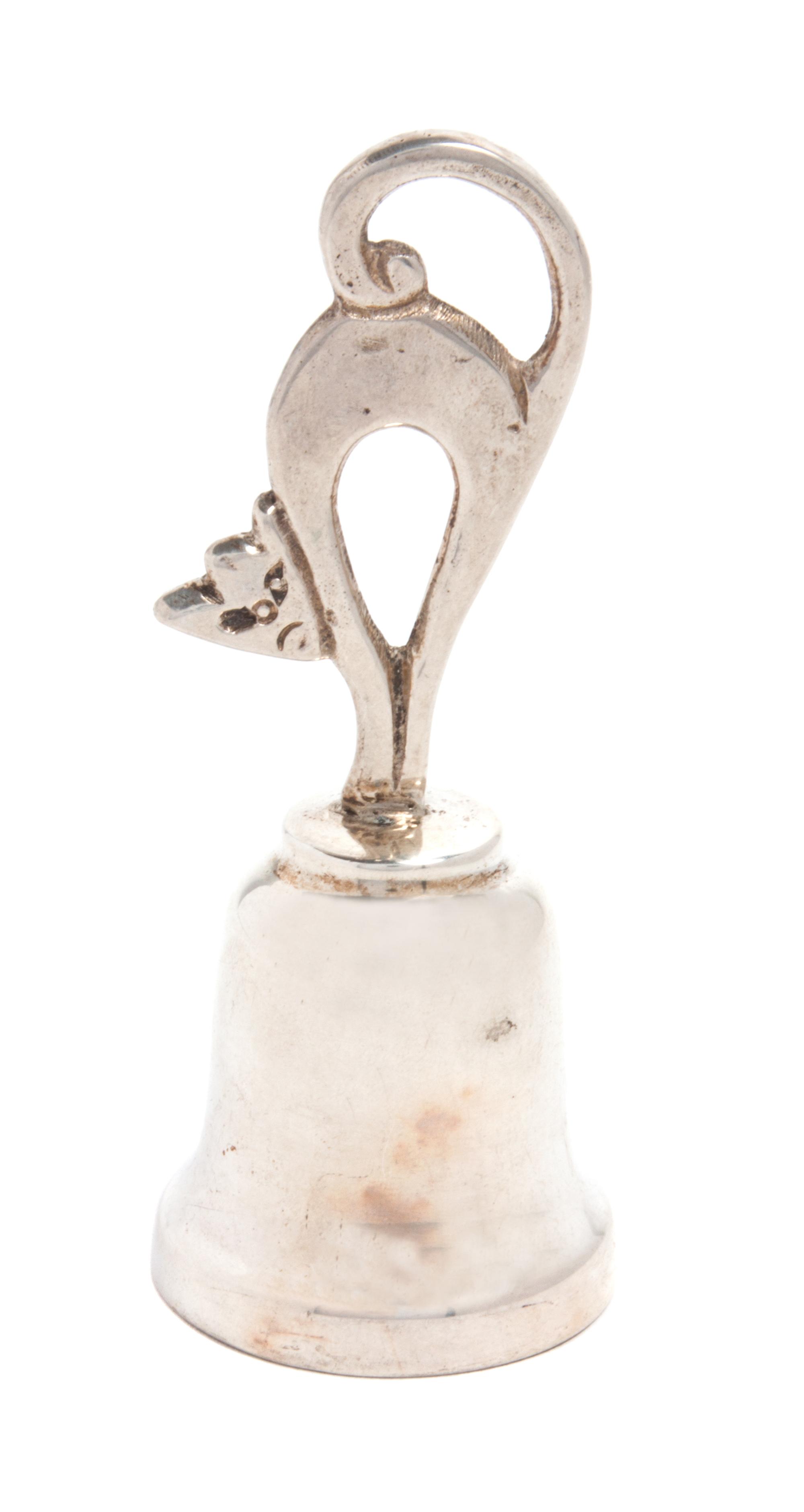 A Mexican Silver Bell, P. Lopez G., 20th Century, the handle in the form of a cat with an arched back.