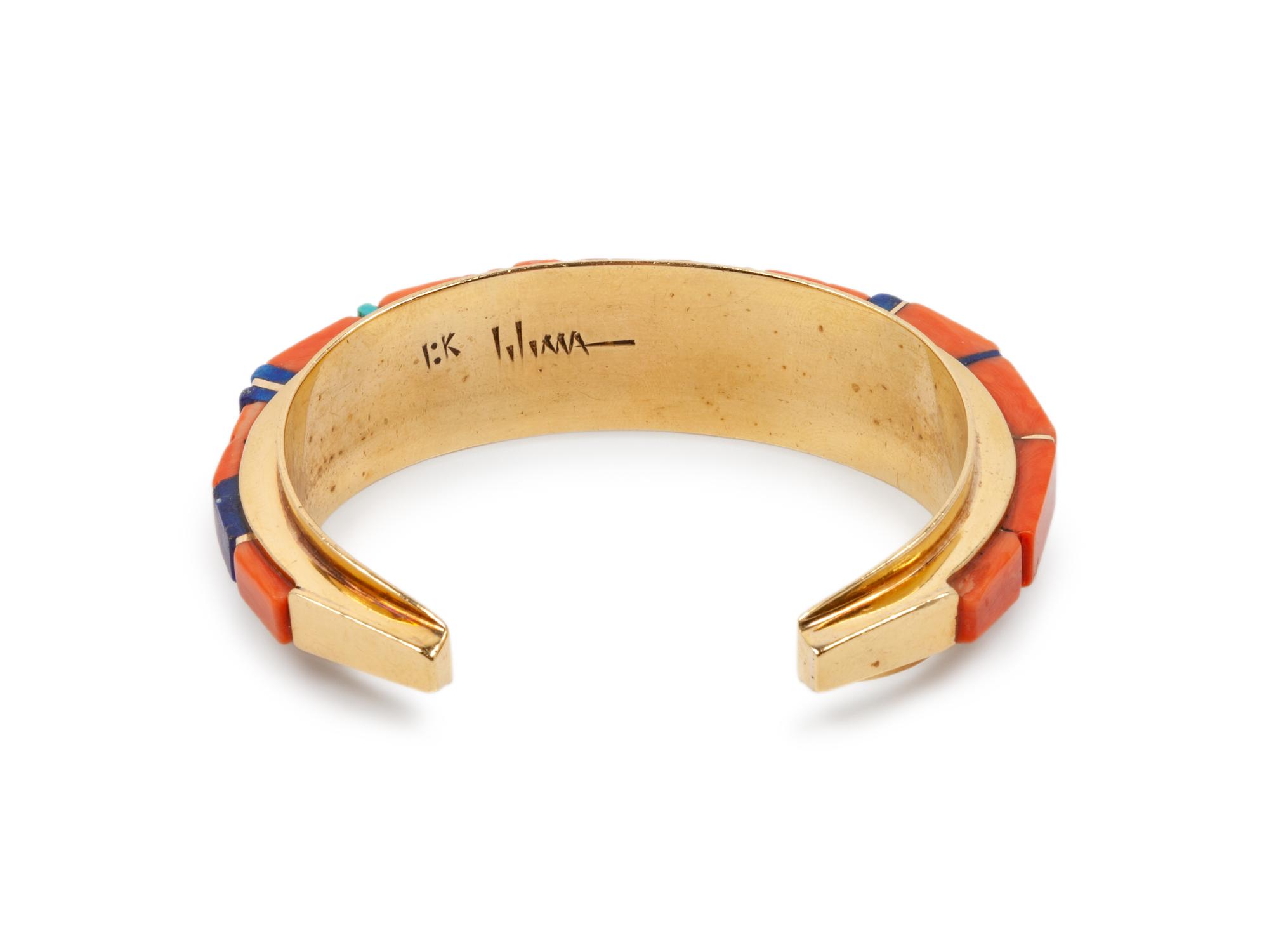 Gold, Coral, Turquoise, and Lapis Inlay Cuff Bracelet