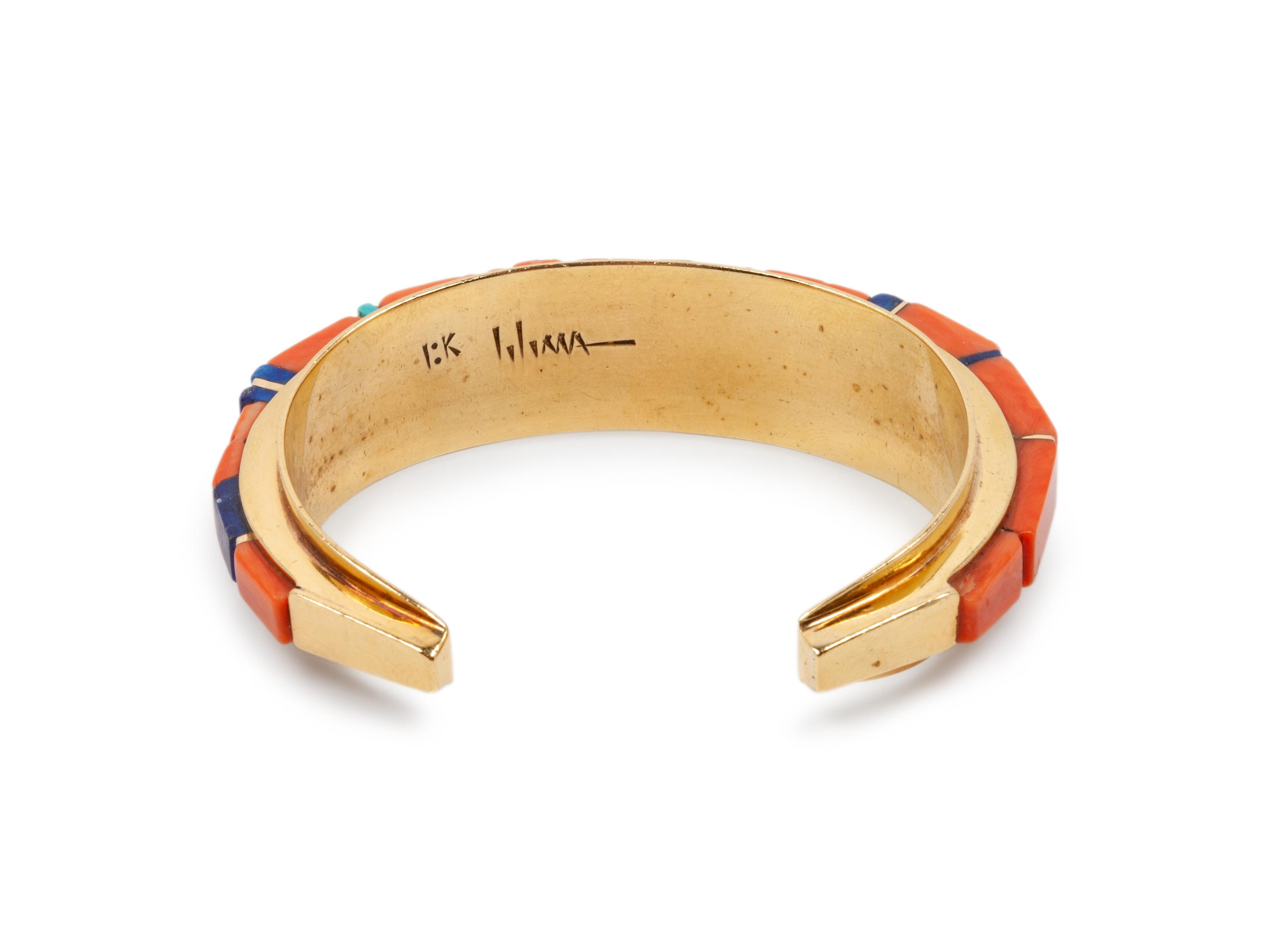 Gold, Coral, Turquoise, and Lapis Inlay Cuff Bracelet