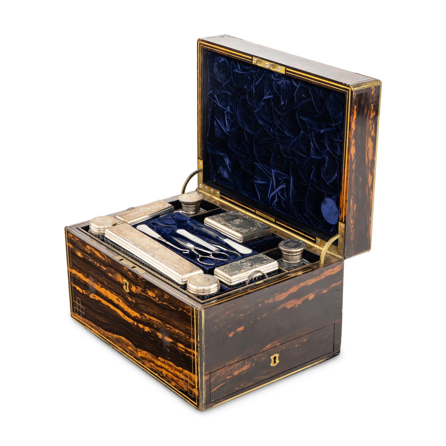 A Victorian Brass-Inlaid Calamander, Silver and Cut-Glass Fitted Dressing Box