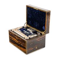 A Victorian Brass-Inlaid Calamander, Silver and Cut-Glass Fitted Dressing Box