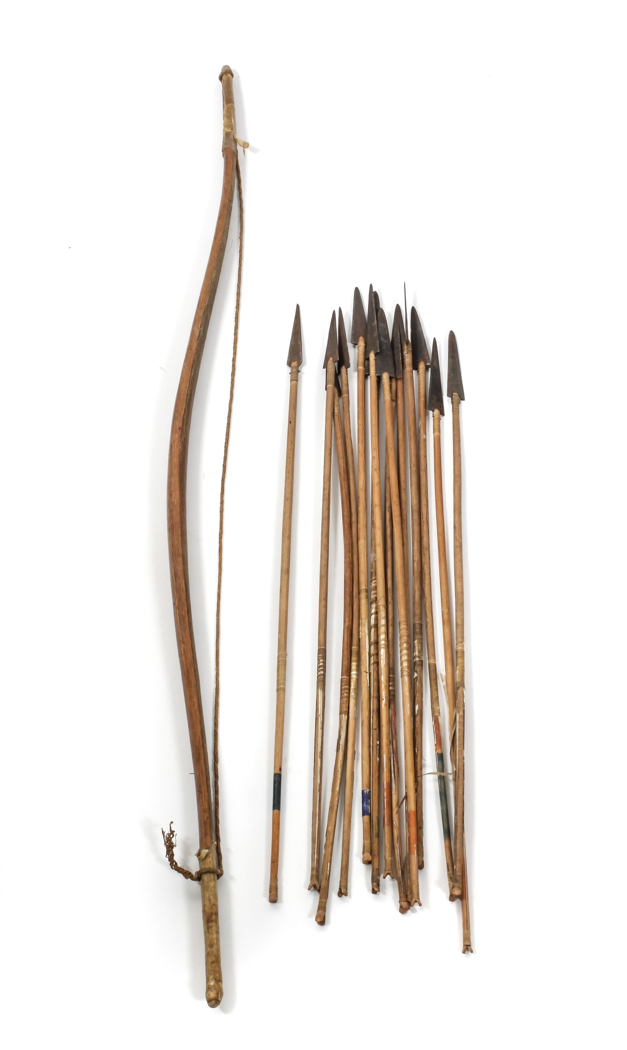 Native American Bow and Fourteen Arrows Length of bow 42 1/4 inches