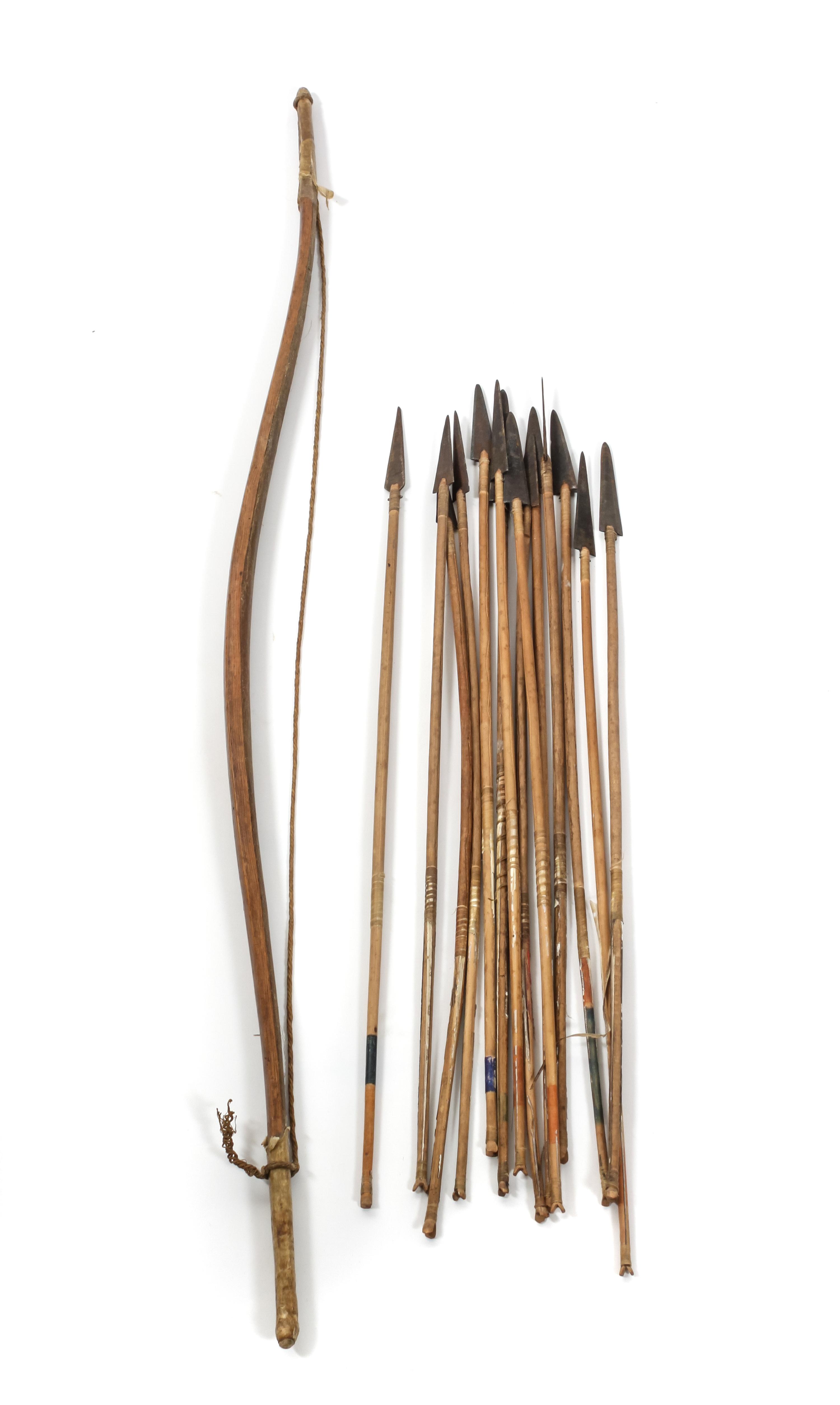 Native American Bow and Fourteen Arrows Length of bow 42 1/4 inches