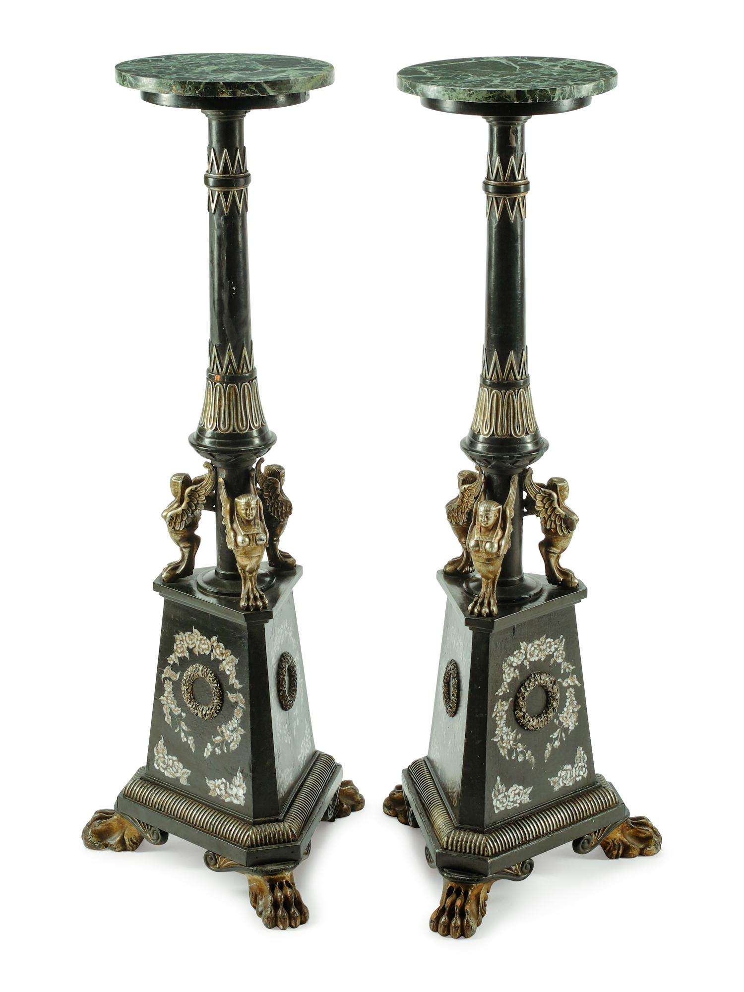 A Pair of Empire Style Painted and Parcel Gilt Pedestals