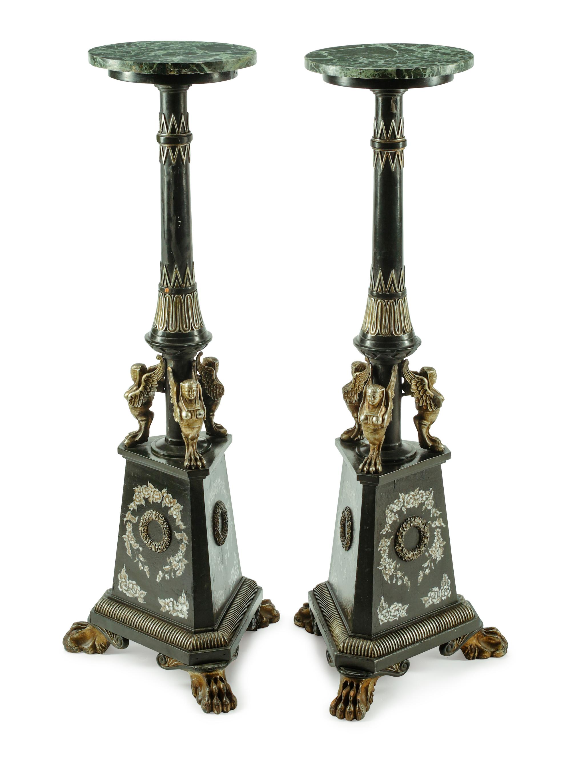 A Pair of Empire Style Painted and Parcel Gilt Pedestals