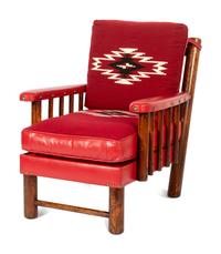 Spindle Sided Armchair with leather and Chimayo Weavings with matching ottoman