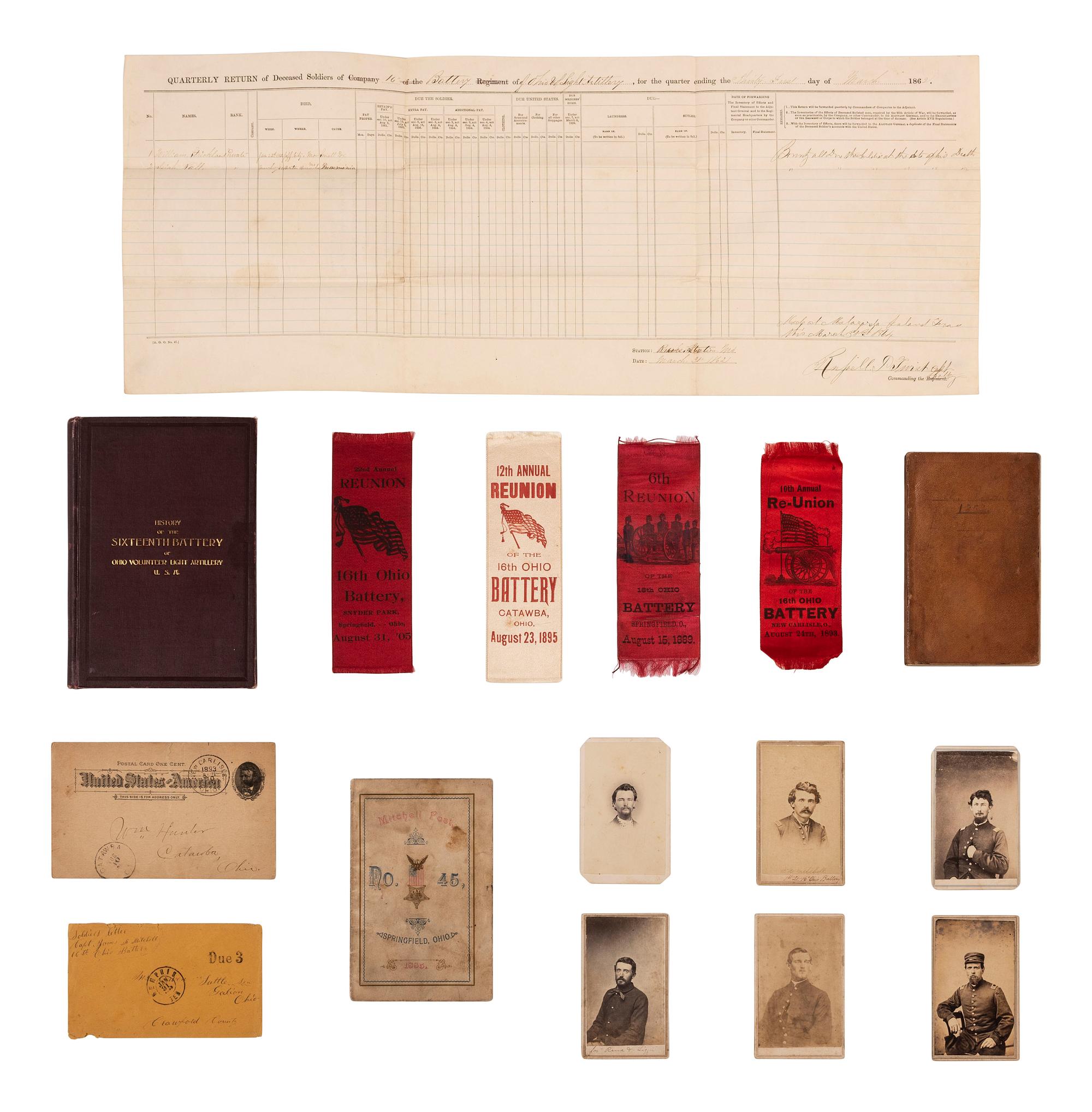 [CIVIL WAR] 16th OH Battery Archive, incl. hand-drawn camp scene, escutcheon, war-date diary, CDVs.