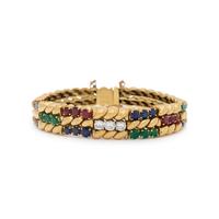 MAUBOUSSIN, FRENCH, YELLOW GOLD, EMERALD, DIAMOND, RUBY, AND SAPPHIRE BRACELET
