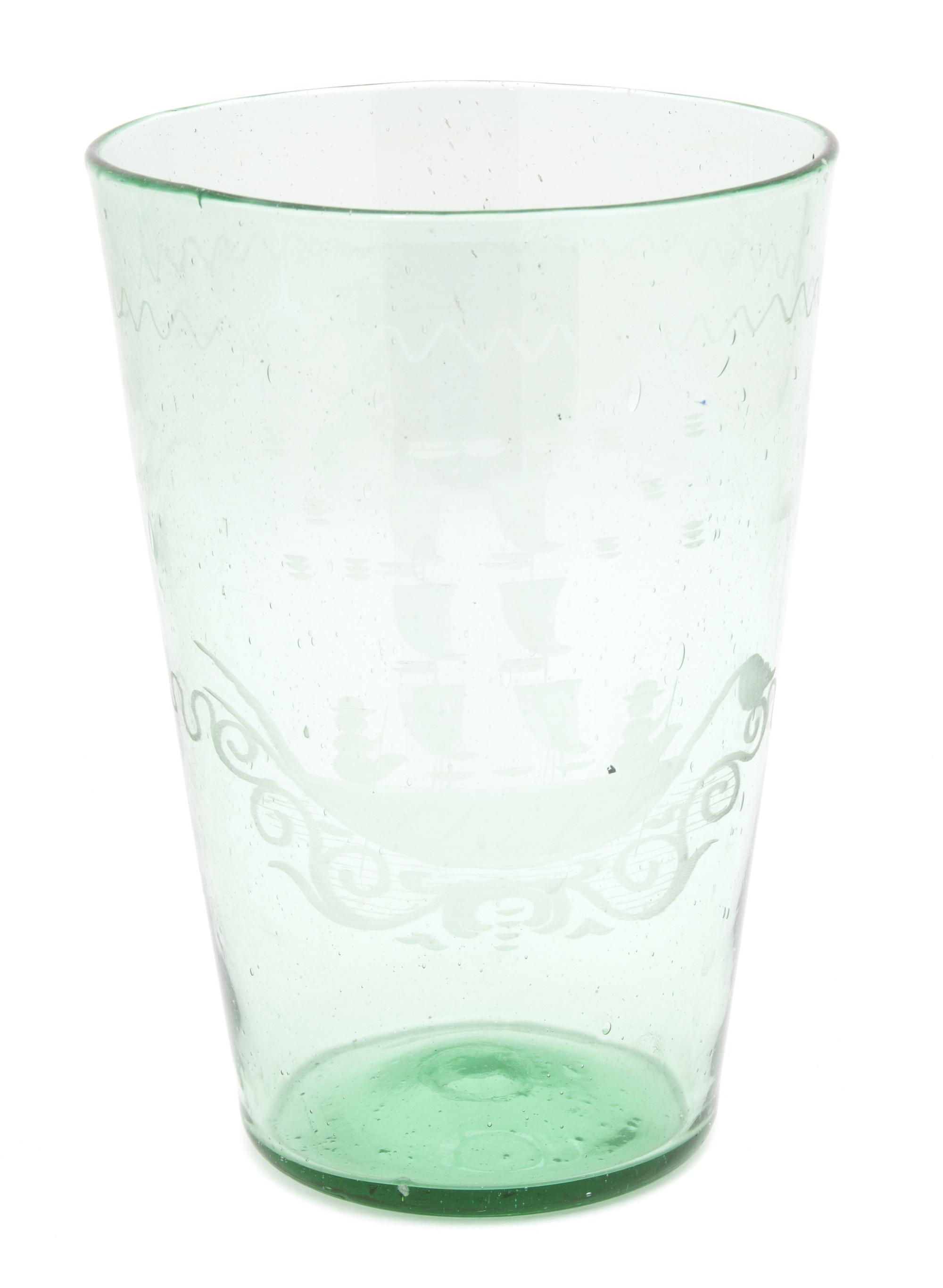 A Continental Blown Bottle Green Vase with Etched Decoration Height 8 1/8 inches. — 19TH CENTURY