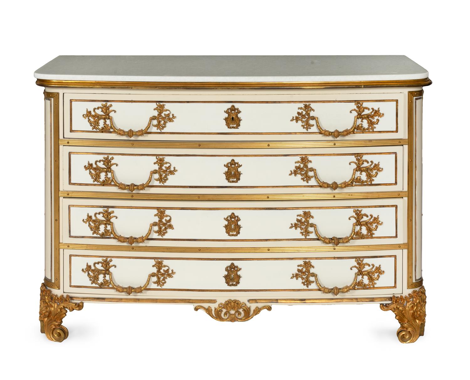 A Pair of Louis XIV Style Cream-Painted and Gilt Bronze Mounted Marble-Top Commodes