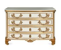 A Pair of Louis XIV Style Cream-Painted and Gilt Bronze Mounted Marble-Top Commodes