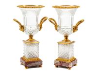 A Pair of Continental Gilt Bronze Mounted Cut Glass Urns