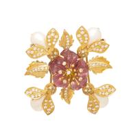 PINK TOURMALINE, CULTURED PEARL, DIAMOND, AND YELLOW GOLD FLOWER PENDANT