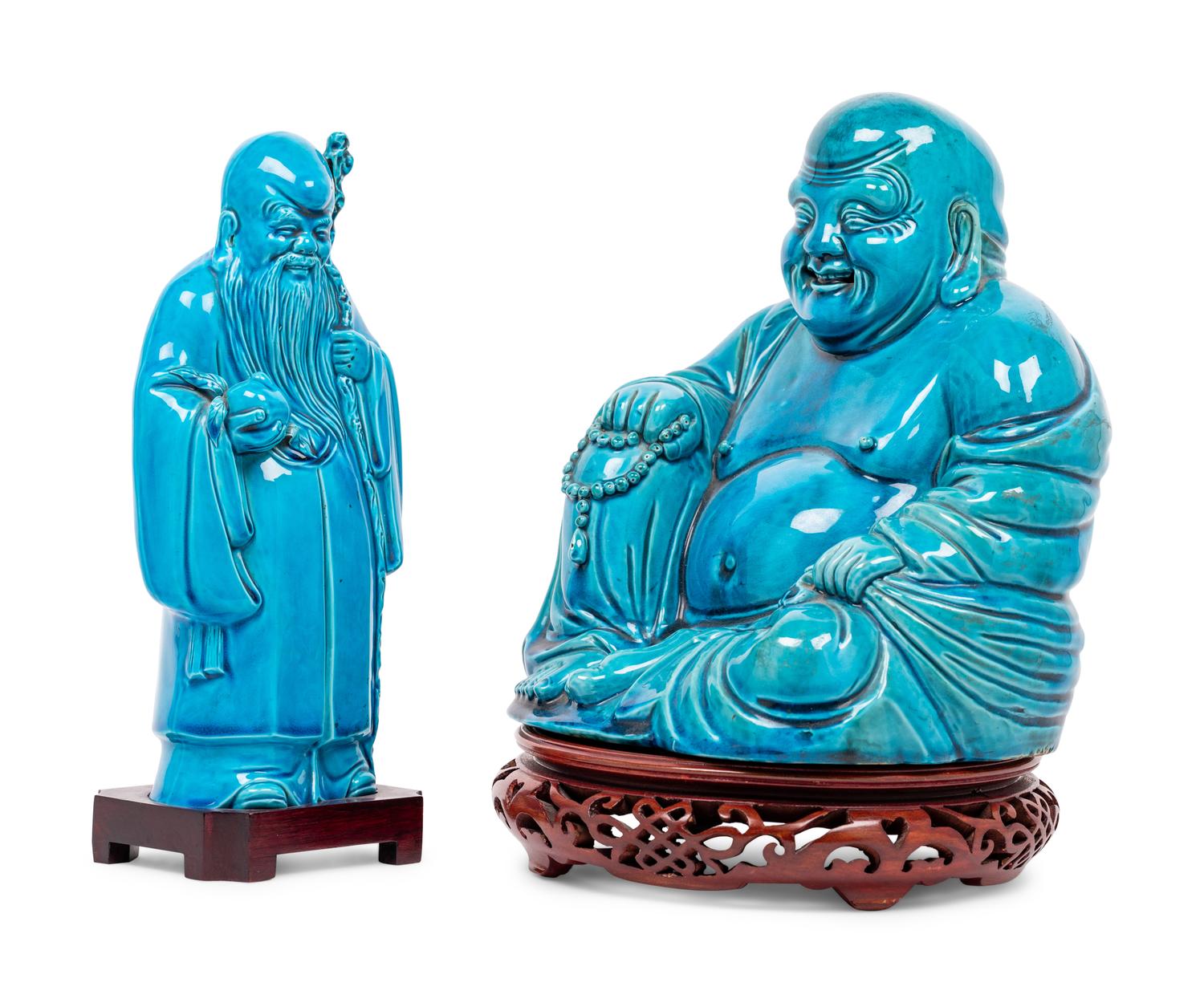 Two Turquoise Glazed Porcelain Figures of Immortals