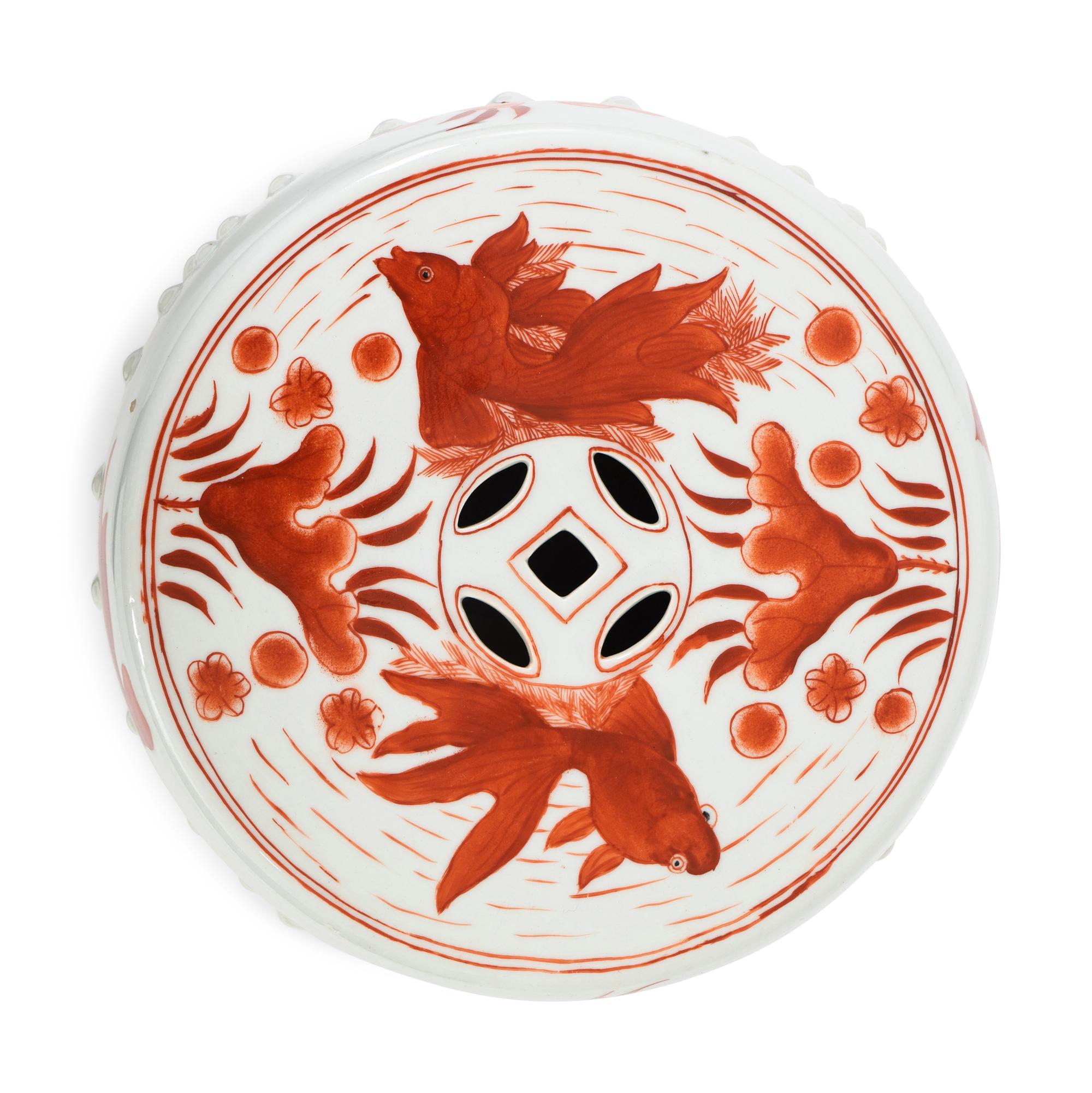A Chinese Red and White-Glazed Porcelain Barrel-Form Garden Seat — 20TH CENTURY