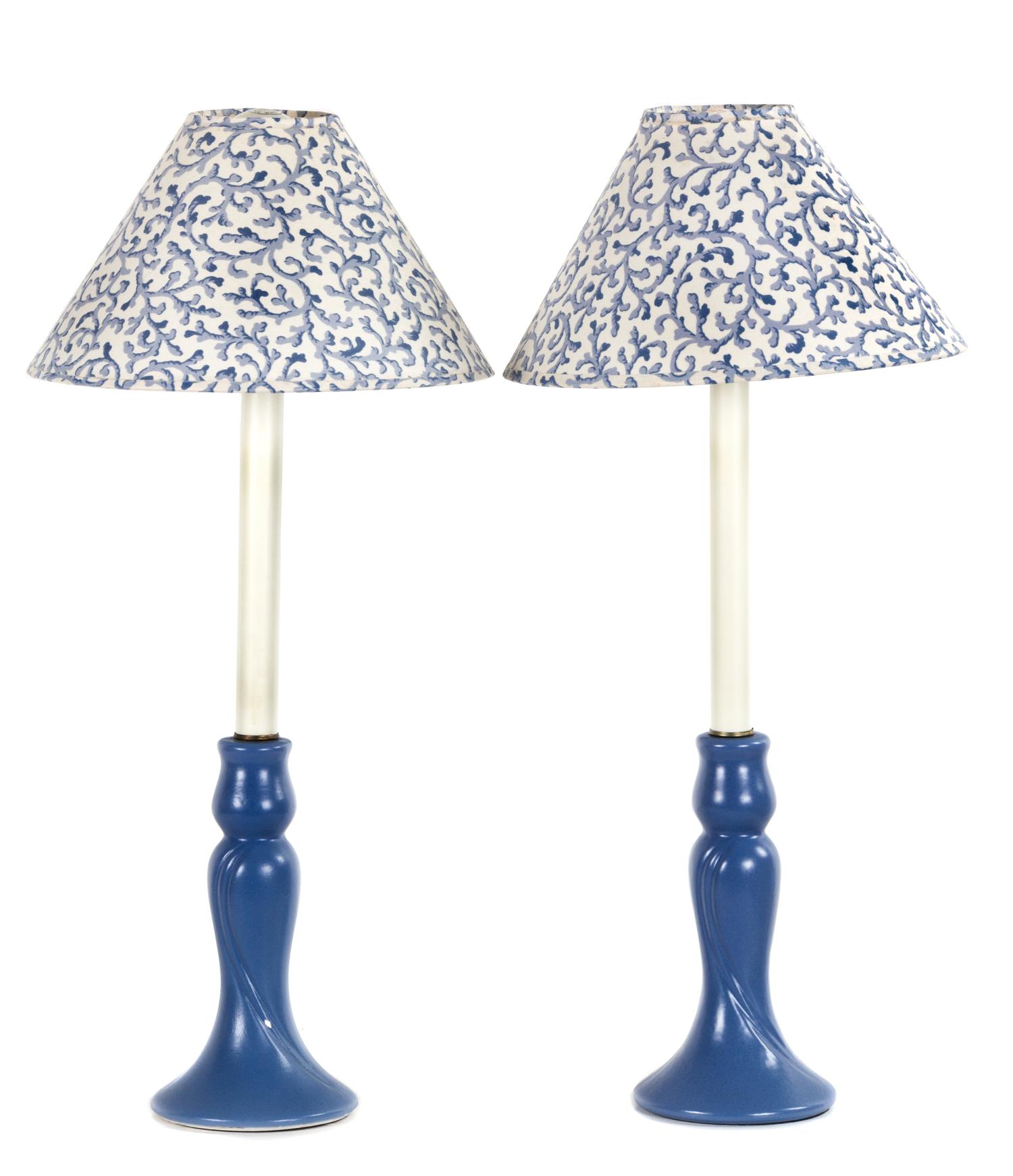 A Pair of Blue-Painted Bedside Table Lamps Height 26 inches. — 20TH CENTURY