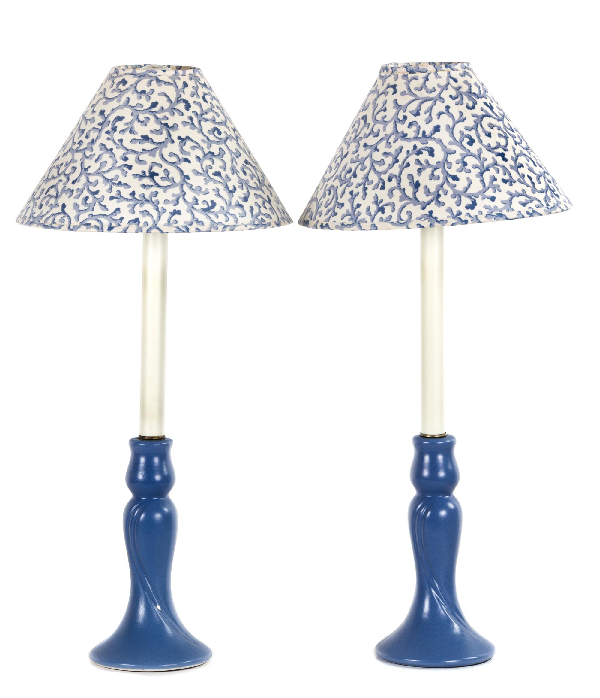 A Pair of Blue-Painted Bedside Table Lamps Height 26 inches. — 20TH CENTURY