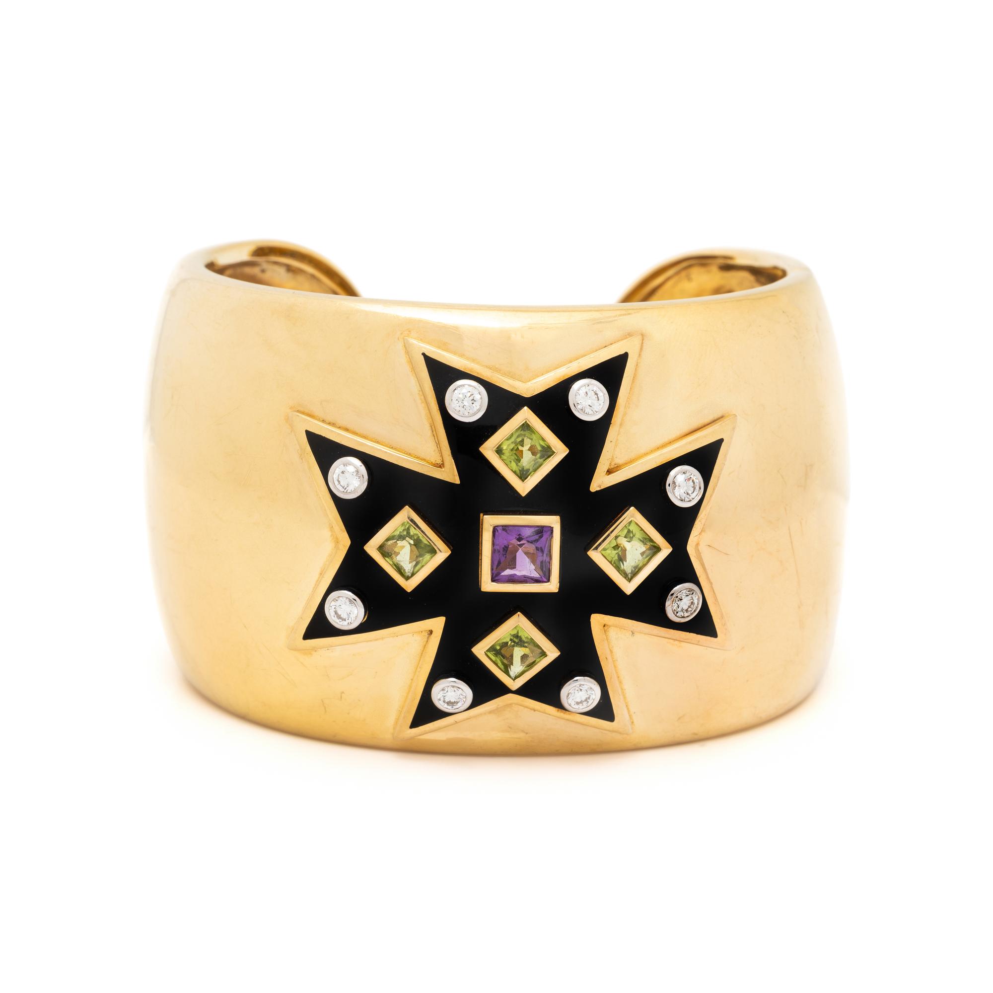 AMETHYST, PERIDOT, DIAMOND, ENAMEL, AND YELLOW GOLD CUFF BRACELET